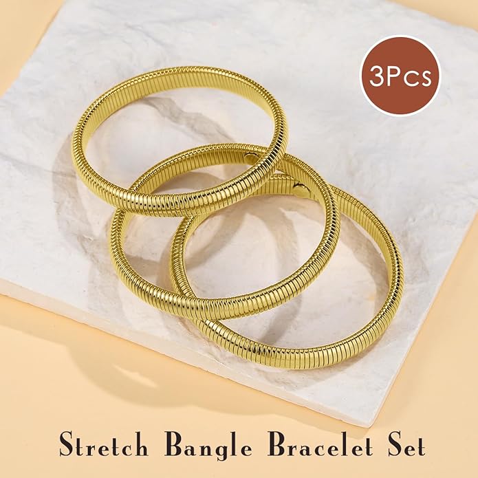 Emibele Gold Bangles Bracelet Set for Women, 18K Gold Plated Chunky Stainless Steel Non Tarnish Stretch Bracelet Stack, Flexible Wide Wristband Bangle Layered Snake Chain Bracelets