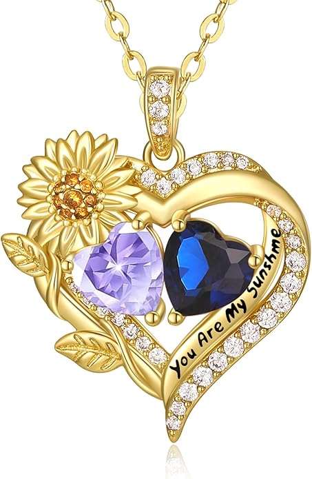 Sunflower Heart Necklace for Women 14K Gold Exquisite Anniversary Birthday Gifts for Wife Mother Her Double Birthstone Pendant jewelry‘You Are My Sunshine’