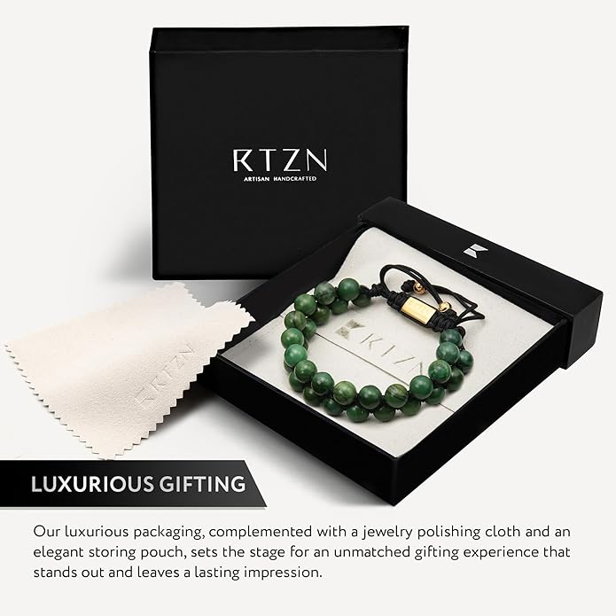 RTZN Jade Bracelet for Men – Premium Artisan Handcrafted Authentic Dark Green Jade Bracelet – 8MM Beaded Stone Mens Jade Bracelets