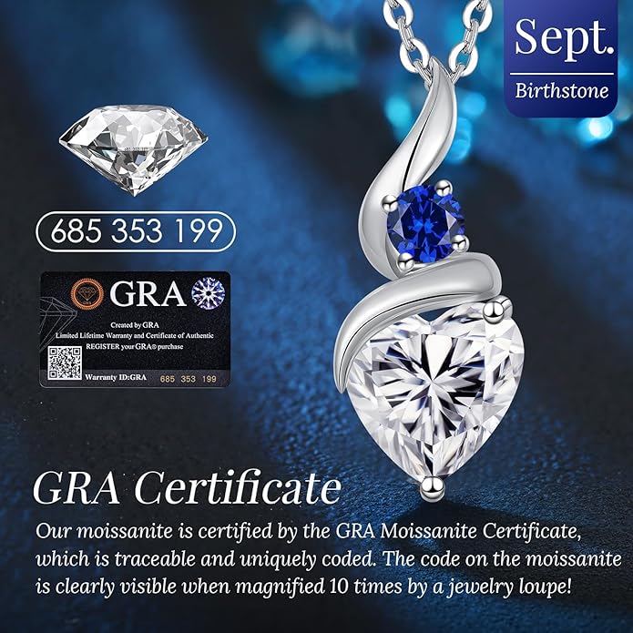 Moissanite Heart Pendant Necklaces for Women, 925 Sterling Silver Necklace with Birthstone, Ideal Anniversary Present or Birthday Christmas Valentine Mothers Day Jewelry Gifts for Mom Wife Her Girlfriend