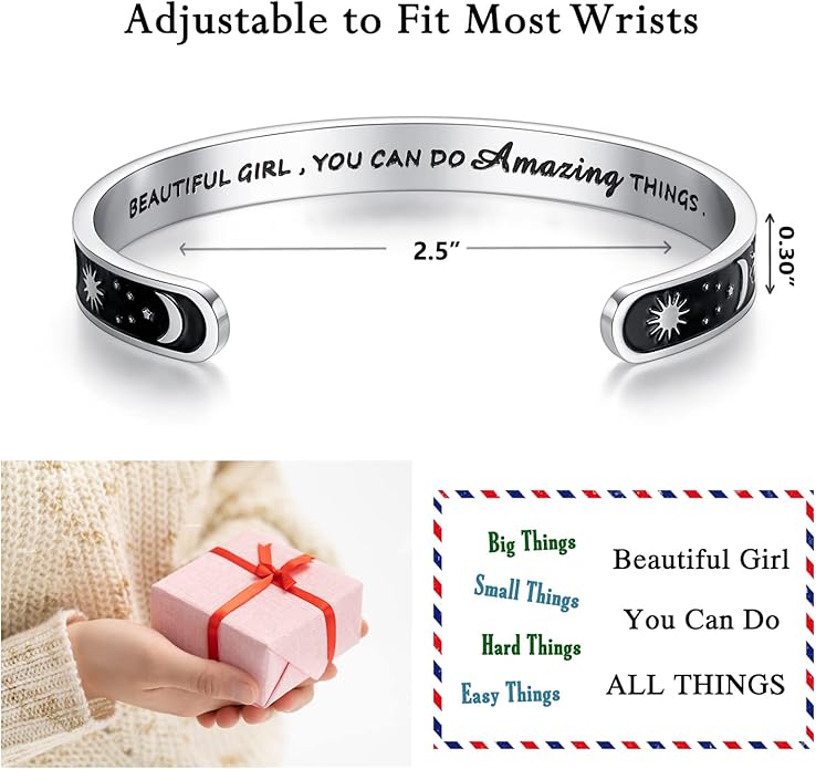 TONY & SANDY Inspirational Bracelets for Women Teen Girls Personalized Gifts for Daughter Granddaughter Mom Sister Friends Stainless Steel Engraved Cuff Birthday Easter Christmas