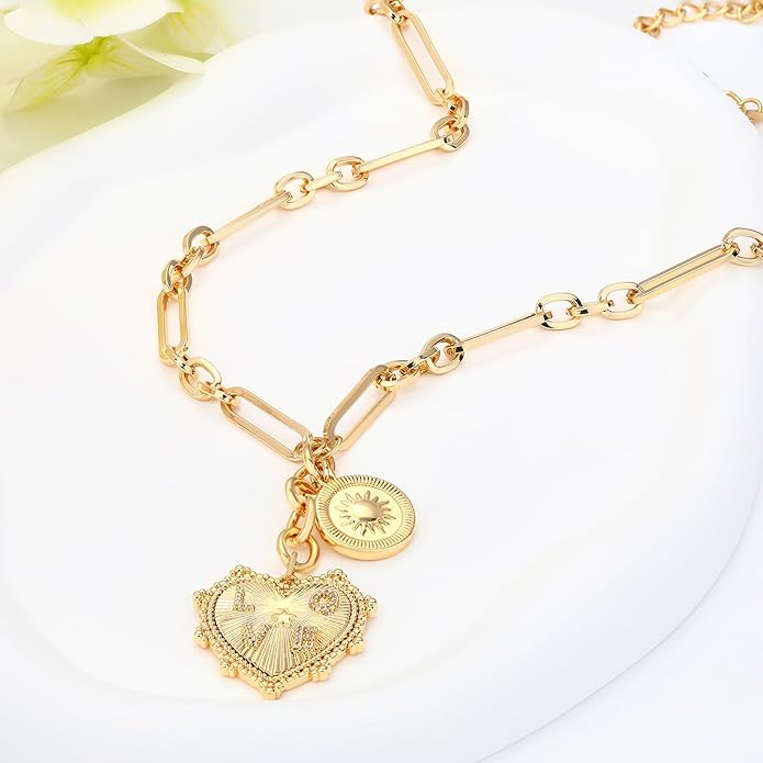 Chunky Gold Necklace for Women, 18K Waterproof Heart Necklace Statement Necklace Gold Charm Necklace Chunky Jewelry Paperclip Chain Choker Gift for Women