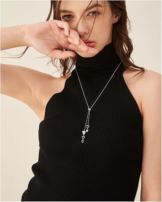 FLYOW Long Chain Dainty Lariat Necklace Simple Style 925 Sterling Silver Heart Pendant Adjustable Y Shaped Necklace Jewelry