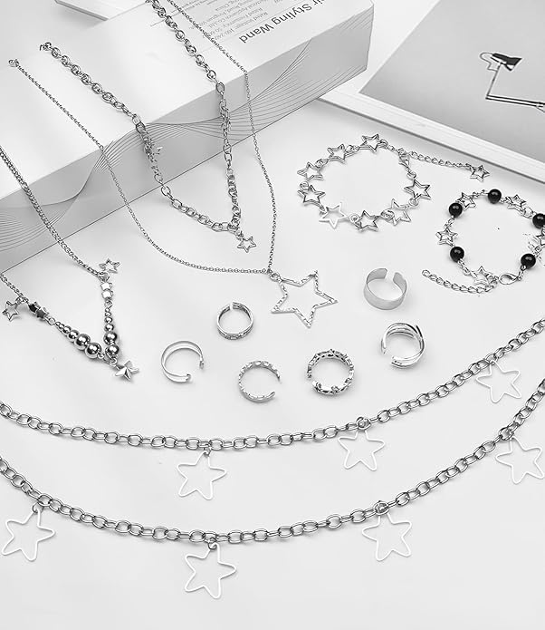 Molirex 12 Pcs Y2k Accessories Set Grunge Layered Necklace, 3 Star Chains with 6 Rings Vintage Silver Jewelry for Women