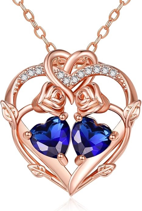 Rose Gold Necklaces for Women Double Birthstone Rose Flower Heart Pendant Necklace Jewelry Anniversary Christmas Valentine's Mother's Day Birthday Gift for Wife Mom Her Girlfriend Sister