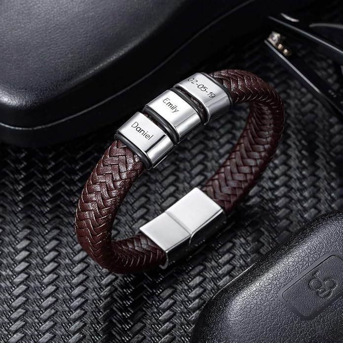 AILIN Custom Beaded Braided Bracelets For Men Leather Stainless Steel Black Brown Color Personalized 1-8 Engraving Name Beads Party Birthday Anniversary Jewelry Father Brother Boyfriends Gifts