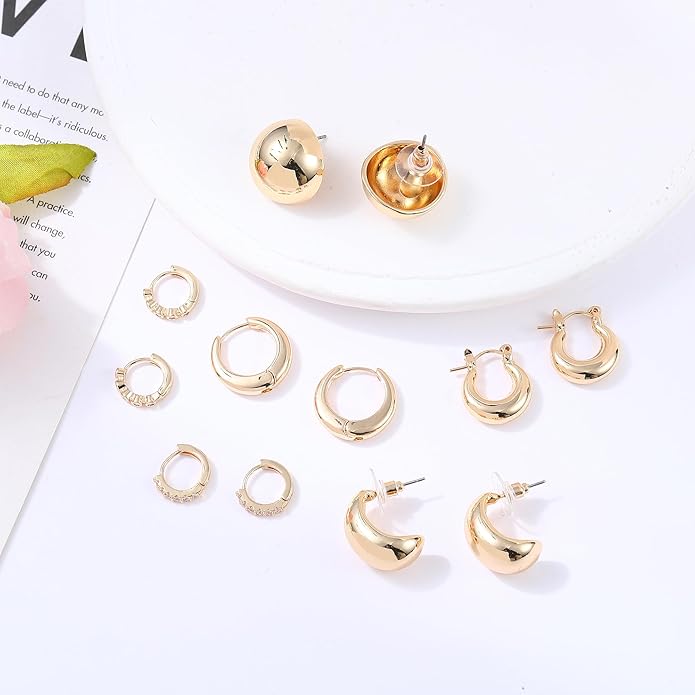 6 Pairs Gold Hoop Earrings for Women, 14K Gold Plated Chunky Huggie Hoop Earrings Set Hypoallergenic, Lightweight Twisted Open Hoops Jewelry for Christmas/Birthday Gifts.