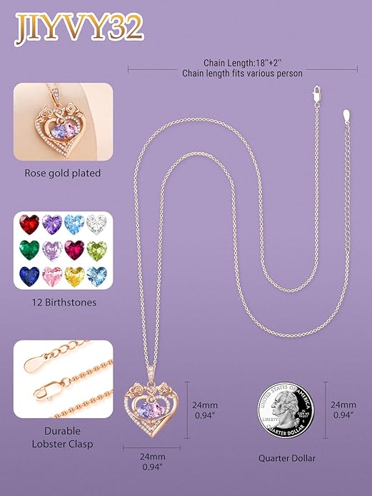 JIYVY32 Rose Heart Necklace for Women Exquisite 925 Sterling Silver Anniversary Birthday Gifts for Wife Mom Her Double Birthstone Pendant Jewelry