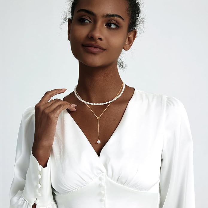 Zeffy Gold Pearl Necklace for Women, Dainty 14K Gold/Silve Plated Layered Pearl Choker Pearl Earrings Pearl Bracelets Wedding Trendy Gold Jewelry Set for Women Gifts