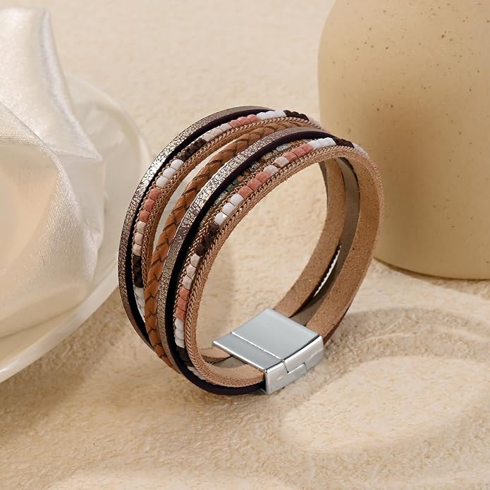 ENGCKSHI Wrapped Bracelets for Women,Leather Bracelet,Boho Bracelets for Women,Multi-Layer Pearl Crystal Bracelet Bangle Jewelry