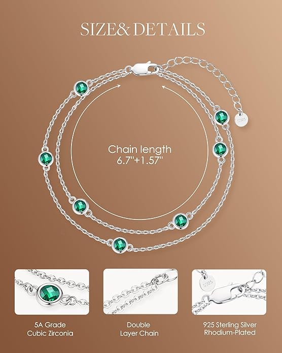 LOUISA SECRET Birthstone Bracelets for Women, 925 Sterling Silver Charm Link Double Strand Bracelet, Birthday Anniversary Christmas Jewelry Gifts for Wife Girlfriend Mother her…