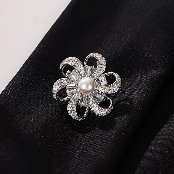 Jerler Sliver Crystal Brooch Pin Rhinestone Lapel Pin Jewelry for Women, Banquet Scarf Pearl Pins for Wedding Bridal Party