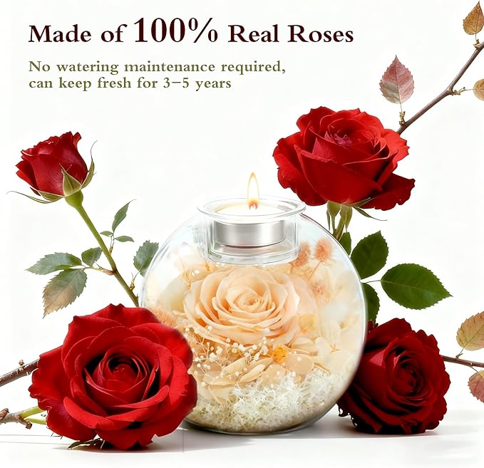 Forever Real Roses in Glass with Scented Candle, Christmas Gift Ideas Preserved Flower Christmas Gifts for Women Her Girlfriend Wife Mom on Valentines Birthday Anniversary Champagne