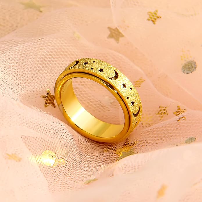 AmorArtSky Anxiety Ring for Women Men, Titanium Stainless Steel Spinner Ring, 5 Colors, 6MM, Size 6-10, 3 Styles Anxiety Ring-Moon Star, Sandblasted Finished, Hollow Outer