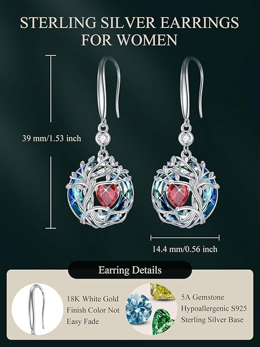 TOUPOP Tree of Life Birthstone Earrings for Women 925 Sterling Silver Family Tree Dangle Earrings Austrian Crystal Jewelry Birthday Christmas Gifts for Her Girlfriend Wife Mom