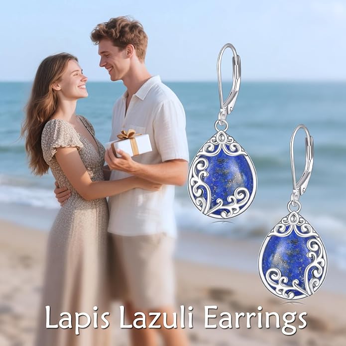 Filigree Earrings Sterling Silver Teardrop Moonstone Moss Agate Lapis Lazuli Larimar Emerald Peridot Opal Dangle Dangly Drop Leverback Earrings Boho Jewelry Gifts for Women