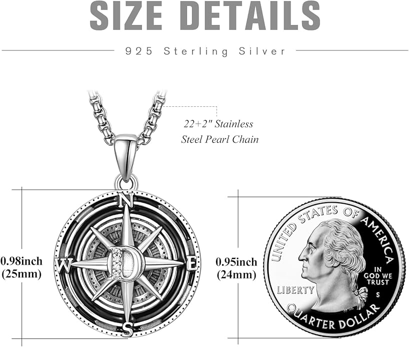 KINGWHYTE Compass Necklace for Men 925 Sterling Silver Birthday Gifts Graduation Travel Jewelry for Husband Brother with Stainless Steel Chain