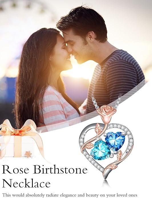 Christmas Gifts for Women Rose Heart Birthstone Pendant Necklace I Love You Forever Jewelry Valentine Mothers Day Birthday Gifts for Women Her Wife Girlfriend