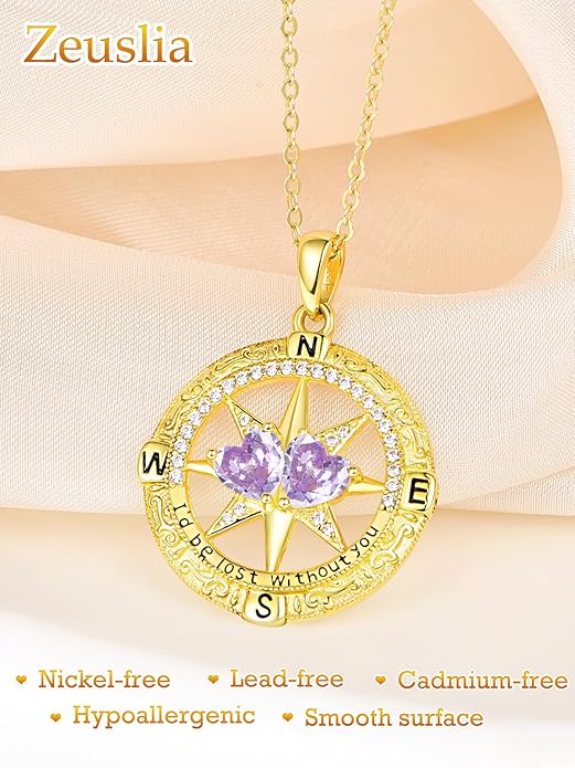 Zeuslia Double Birthstone Necklace Gifts for Wife - 925 Sterling Silver Sunflower/Rose/Crown Cross/Compass/Heart Pendant I Love You Necklace, Anniversary Birthday Gifts for Wife Girlfriend Mom Her
