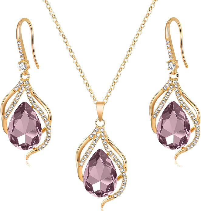 EVEVIC Austrian Crystals Teardrop Hollow Twisted Pendant Necklace Earrings for Women 14K Gold Plated Halo Drop Dangle Earrings Hypoallergenic Jewelry Set