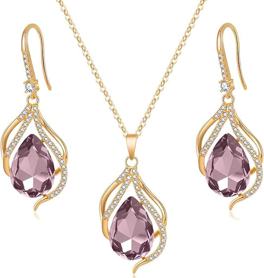 EVEVIC Austrian Crystals Teardrop Hollow Twisted Pendant Necklace Earrings for Women 14K Gold Plated Halo Drop Dangle Earrings Hypoallergenic Jewelry Set