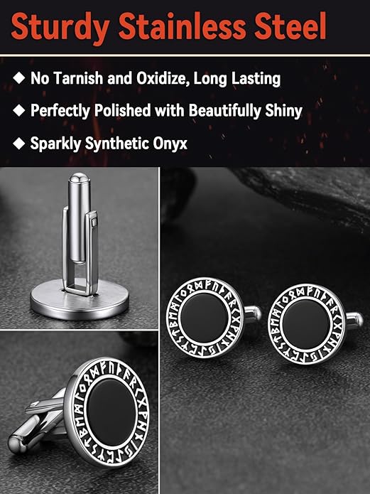 FaithHeart Mens Cufflinks, Norse Viking Tuxedo Shirt Cuff Links, Stainless Steel Cuff Links and Shirt Studs, Gift Box