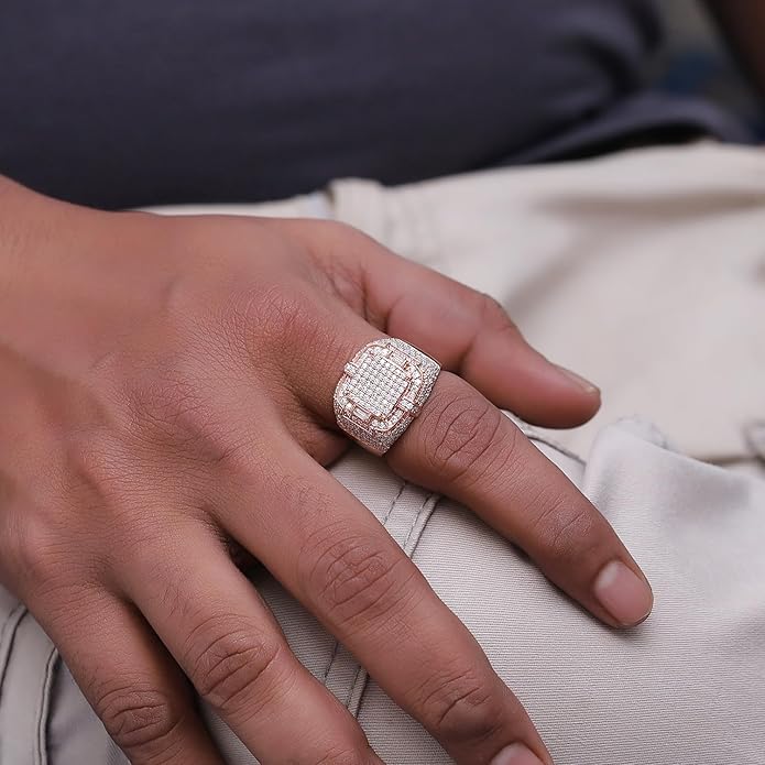 Wedding Anniversary Ring For Men's Baguette & Round Cut Lab Created Moissanite & Lab Grown Diamond Square Frame In 925 Sterling Silver 10K & 14K Solid Gold Jewelry 1.90 Cttw