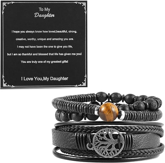 HZMAN Genuine Leather Tree of life Bracelets Men Women, Tiger Eye Natural Stone Lava Rock Beads Ethnic Tribal Elastic Bracelets Wristbands
