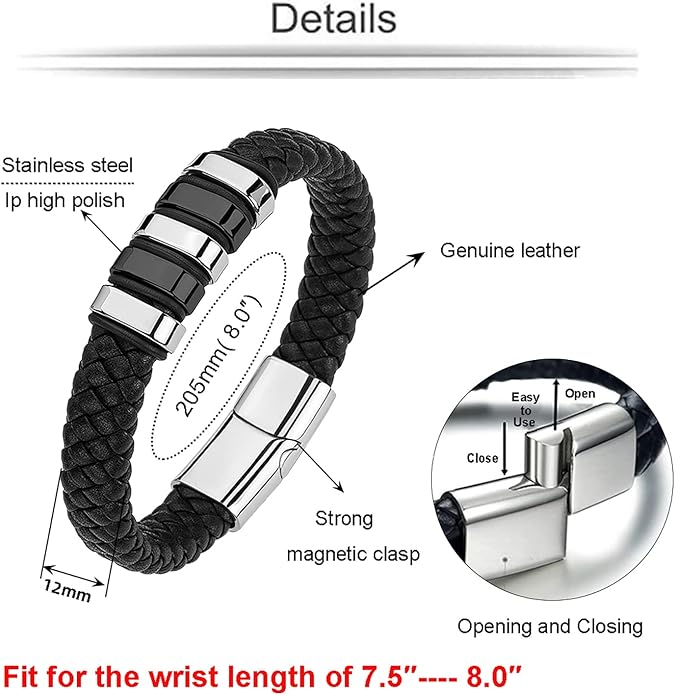 Leather Bracelet for Men Braided Cuff Wristband Stainless Steel Clasp in Silver and Gold Jewellery Gift
