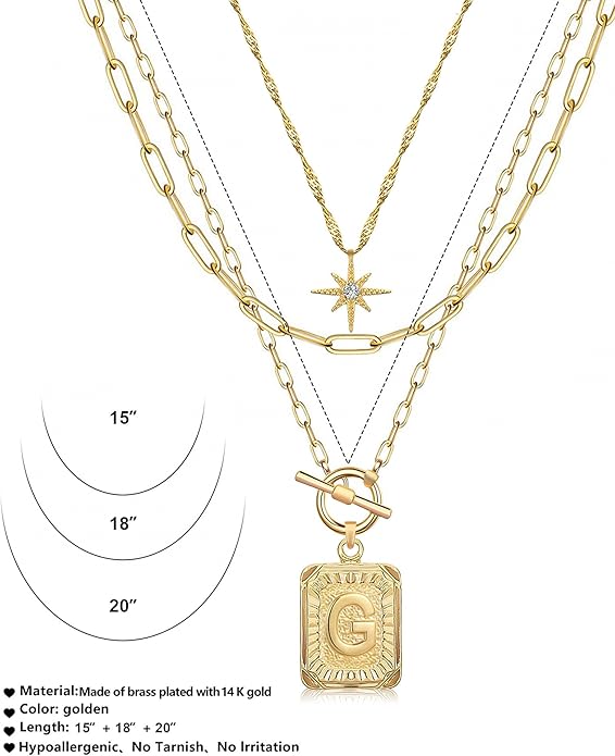 MJartoria Layered Initial Necklaces for Women Trendy, 14K Gold Plated Brass Simple Star Choker Square Letter Pendant Necklace, Paperclip Chain Necklaces Jewelry Gifts