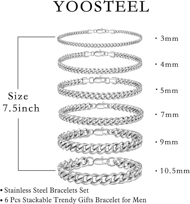 Yoosteel Mens Bracelets - Silver Chain Bracelet Stainless Steel Cuban Link Stack Bracelets Sturdy Rope Paperclip Chains Set 7.5/8.3/9 inches Trendy Jewelry for Men
