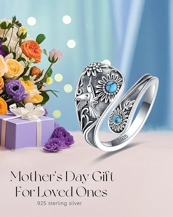 S925-Sterling-Silver Abalone Dragonfly-Turquoise Spoon Ring - Vintage Boho Sunflower Thumb Oxidized Wrap Rings Victorian Style Antique Floral Jewelry Gifts for Women