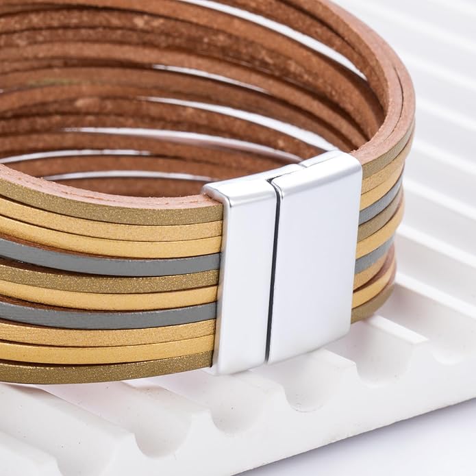 FANCY SHINY Boho Leather Wrap Bracelet Stackable Layered Bangle Cuff with Magnetic Clasp