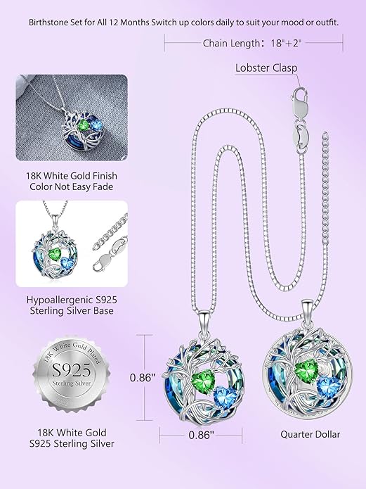 TOUPOP s925 Sterling Silver Family Celtic Tree of Life Pendant Necklaces with 2 Heart Birthstone with Blue Austrian Crystal Jewelry Birthday Anniversary Christmas Gifts for Her Wife Girlfriend Mom (18K Real White Gold Filled)
