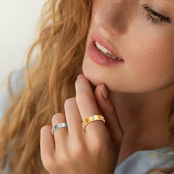 MPRAINBOW Gold Rings for Women, 18K Gold Plated Stainless Steel Cubic Zirconia Friendship Band Wedding Party Trendy Jewelry Gift Non-Tarnish,Christmas Birthday Gifts for Her Girlfriend