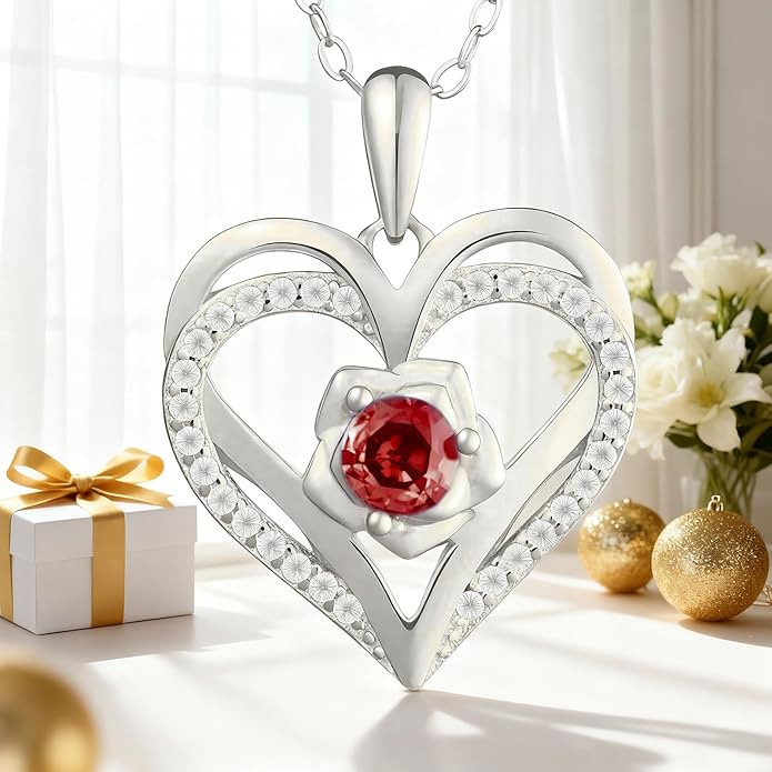 Birthstone Pendant Necklace for Women, Heart Jewelry with Rose Flower Birthday Gift Idea for Wife Girlfriend Mom Friendship on Valentine‘s Day Anniversary Christmas Wedding, 925 Sterling Silver
