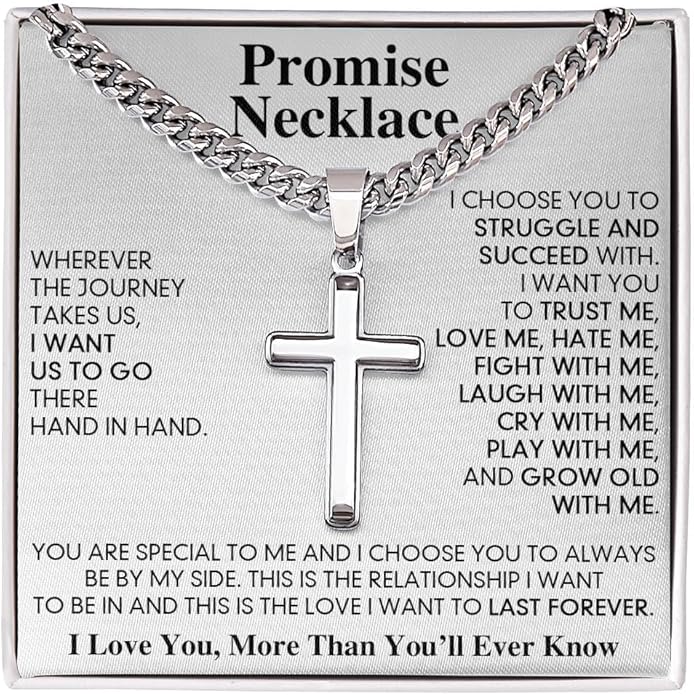 GLAVICY Promise Cross on Cuban Necklace For Him, Sentimental Gift for Husband, Boyfriend, Man with Message Card and Box, Promise Jewelry on Birthday, Valentine Day