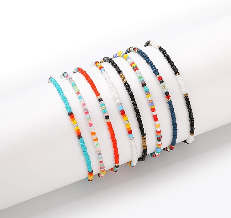 XIJIN 8Pcs Handmade Beaded Anklets for Women Boho Colorful Beads Ankle Bracelets Adjustable Foot Anklet Set