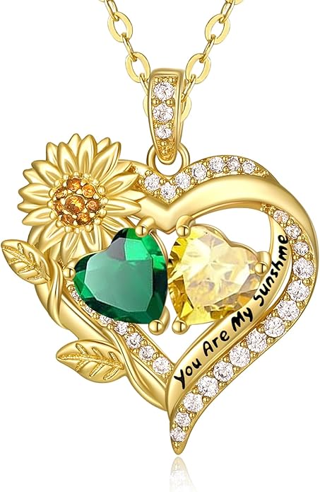 Sunflower Heart Necklace for Women 14K Gold Exquisite Anniversary Birthday Gifts for Wife Mother Her Double Birthstone Pendant jewelry‘You Are My Sunshine’