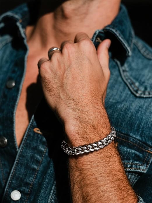 Bestyle Thick Mens Cuban Link Chain Bracelets, Durable Real 18K Gold/Black Metal Plated Solid Stainless Steel Hand Chain Cuban Bracelets for Men, Silver Black Gold Bracelets for Father Husband