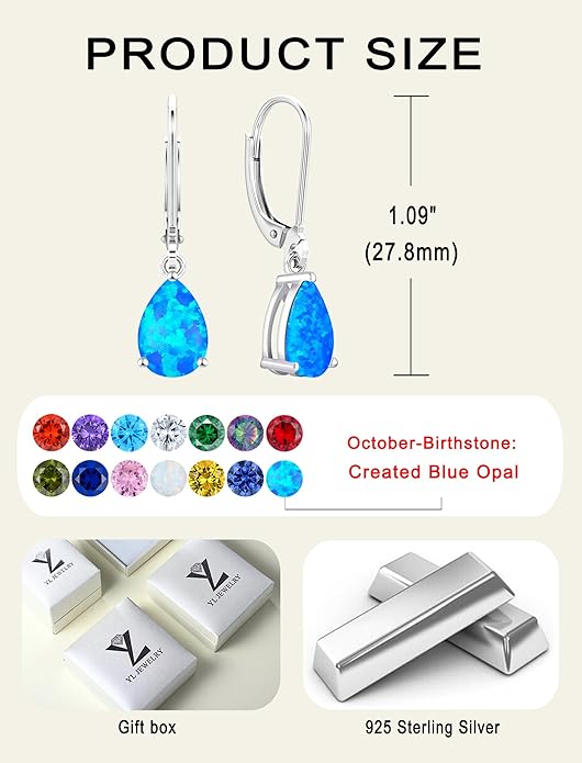 YL 925 Sterling Silver Teardrop Dangle Drop Earrings for Women 7x10 MM Solitaire Birthstone Leverback Jewelry