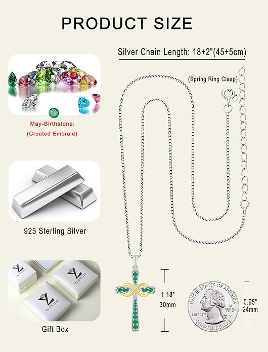 YL 925 Sterling Silver Cross Necklace for Women Halo Infinity Pendant Birthstone Jewelry for Mom