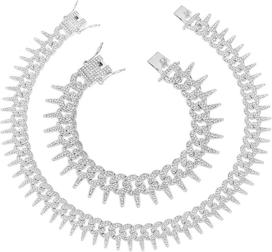 HH BLING EMPIRE Mens Gold Silver Plated Spike Cuban Link Chain Necklace and Bracelet Sets, Chunky Iced Out Diamond Miami Cuban Link Chains Hip Hop Jewelry