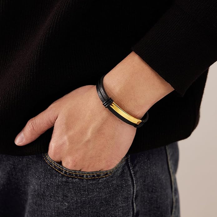 Italian Handmade Genuine Leather Bracelets for Men Stainless Steel Clip, Men's Casual Genuine Multi-layer Cuff Bracelet, Bracelet Gift for Real Men