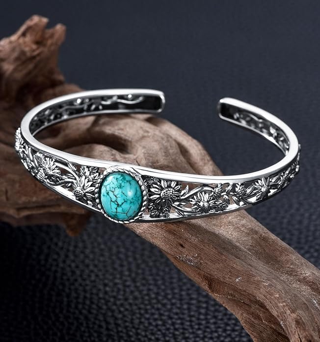 Genuine Turquoise Vintage Sunflower Bracelet Bangle, Sterling Silver Boho Adjustable Bangle Cuff Native American Jewelry for Women, Fit for 6.5 7 7.5 Inches