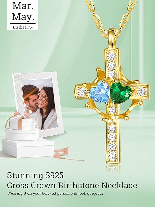 Zeuslia Double Birthstone Necklace Gifts for Wife - 925 Sterling Silver Sunflower/Rose/Crown Cross/Compass/Heart Pendant I Love You Necklace, Anniversary Birthday Gifts for Wife Girlfriend Mom Her