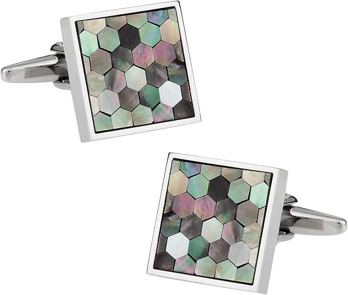 Cuff-Daddy Silver-Tone Smokey Mother of Pearl Honeycomb Cuff Links with Jewelry Presentation Box Storage Travel Box Special Occasions Handmade Cufflinks & Shirt Accessories Business Partnerships
