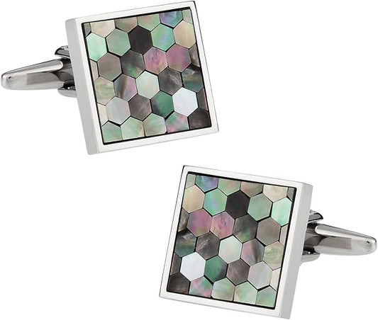 Cuff-Daddy Silver-Tone Smokey Mother of Pearl Honeycomb Cuff Links with Jewelry Presentation Box Storage Travel Box Special Occasions Handmade Cufflinks & Shirt Accessories Business Partnerships