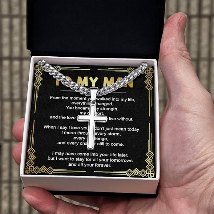 FLAGISTA To My Man Cross Necklace, Stainless Steel Cross Pendant with Adjustable Cuban Link Chain, Meaningful Gift for Him.