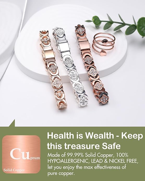 Feraco Pure Copper Bracelets for Women, Ultra Strength Magnetic Therapy Bracelet for Pain Relief with Neodymium Magnets & Sparkling Cubic Zirconia, Adjustable, Infinite Clover Jewelry